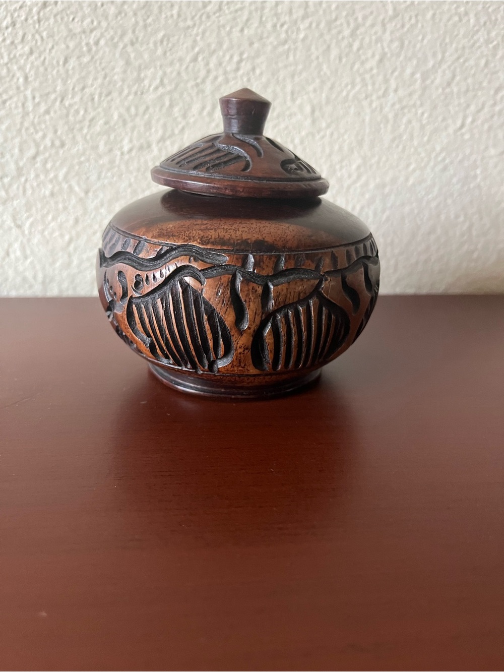 Hand-Carved Wooden Decorative Jar - Brown